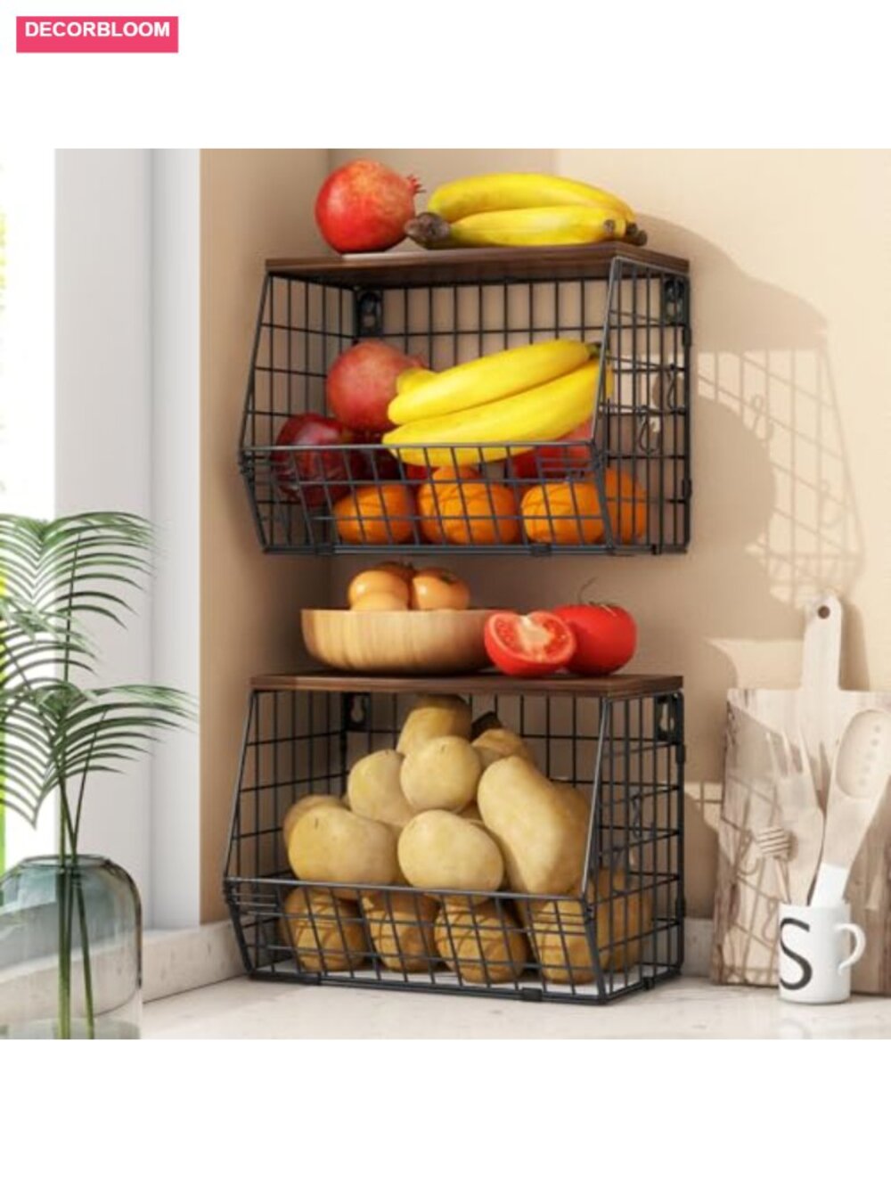 2pc Stacking Fruit Basket Carbon Steel Wood Lid Kitchen Organizer
